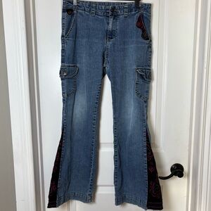 Vtg Y2K Arizona Jean Co flared cargo jeans bell bottom floral embroidered Jrs 14